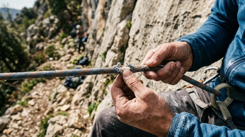Coiled climbing rope and safety gear laid out on a table