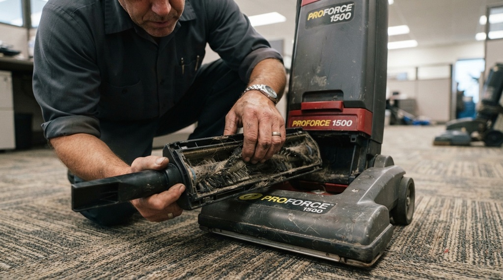 A man inspecting a budget vacuum cleaner for a business.