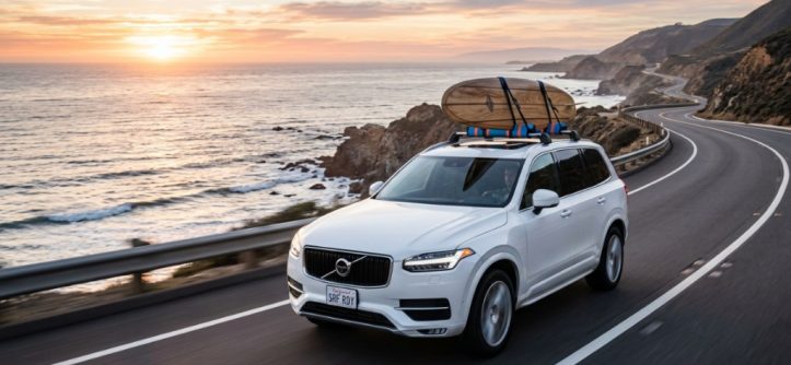 Soft rack pads securing a longboard on an SUV roof.