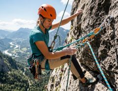 Climber inspecting a dynamic outdoor climbing rope on a sunny rock face