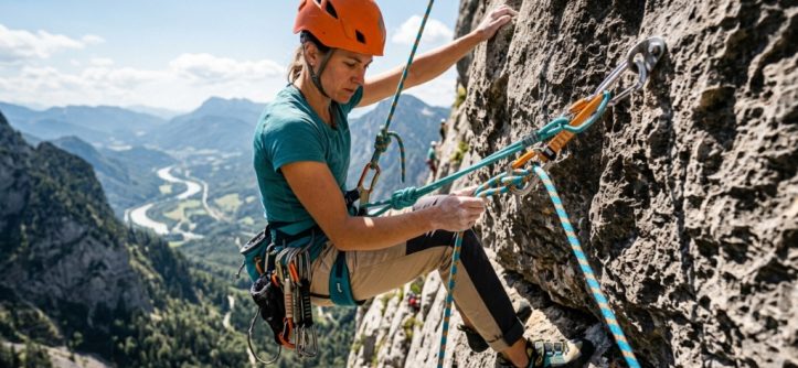 Climber inspecting a dynamic outdoor climbing rope on a sunny rock face