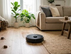Robot vacuum mop combo cleaning a modern living room floor.