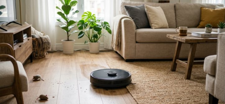 Robot vacuum mop combo cleaning a modern living room floor.