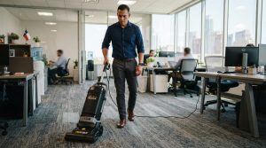 A man using a commercial vacuum in a Texas office.