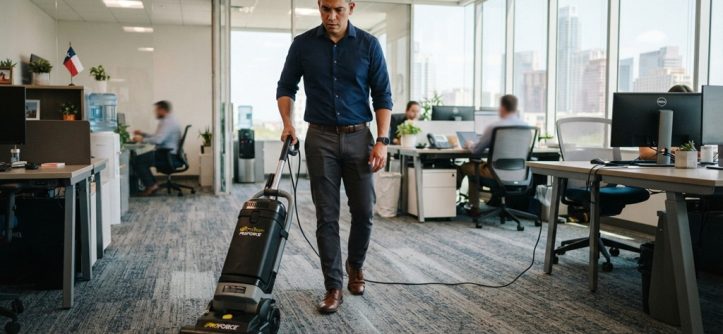 A man using a commercial vacuum in a Texas office.
