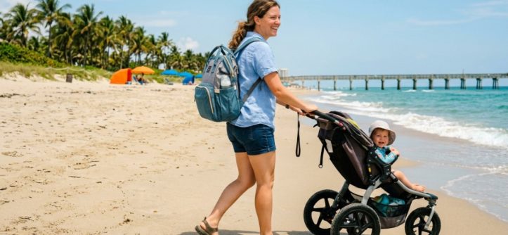 Parent carrying a durable diaper backpack on a sunny Florida beach. (9 words)