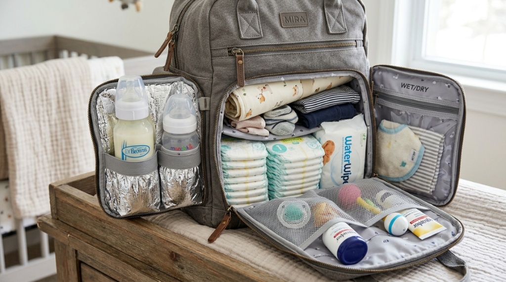 Interior view of an organized diaper backpack with insulated bottle pockets