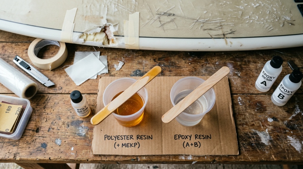Polyester and epoxy resin mixing cups on a table.