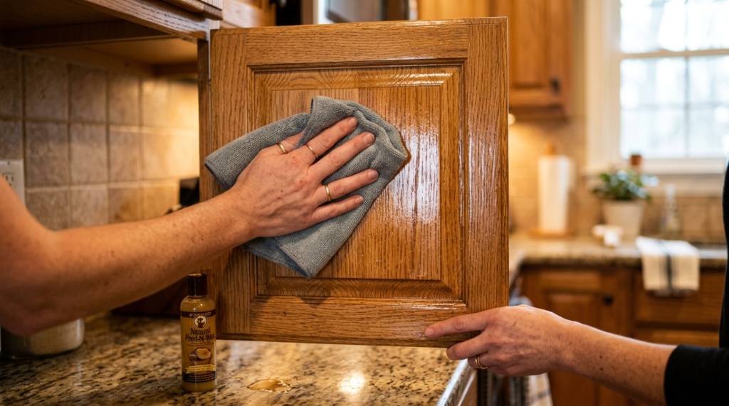 Worker applying oil to a wooden kitchen countertop.