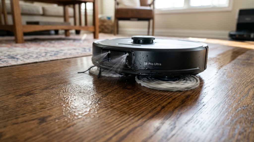 Close up of a robotic vacuum mopping hardwood flooring.