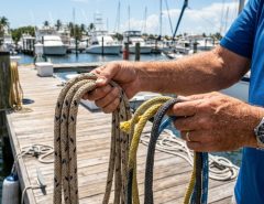 A coiled marine anchor rope sitting on a wooden boat deck in Florida.