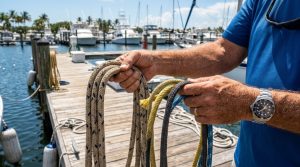 A coiled marine anchor rope sitting on a wooden boat deck in Florida.