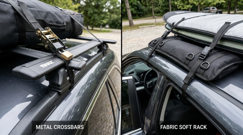 Metal crossbars and locking straps installed on vehicle roof.