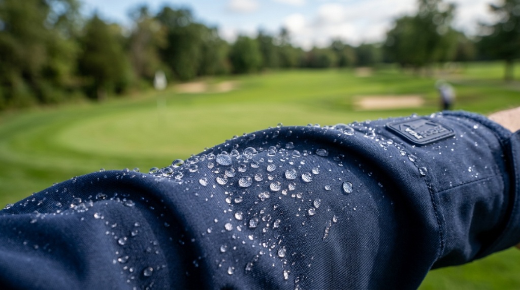 Water droplets beading off the waterproof fabric of a golf jacket.