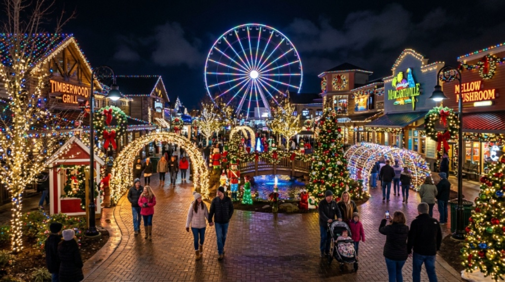 Festive holiday decorations and light displays along the walkways of The Island in Pigeon Forge Tennessee