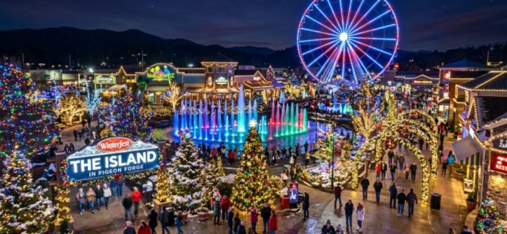 Millions of holiday lights glowing at The Island in Pigeon Forge during Winterfest 2026