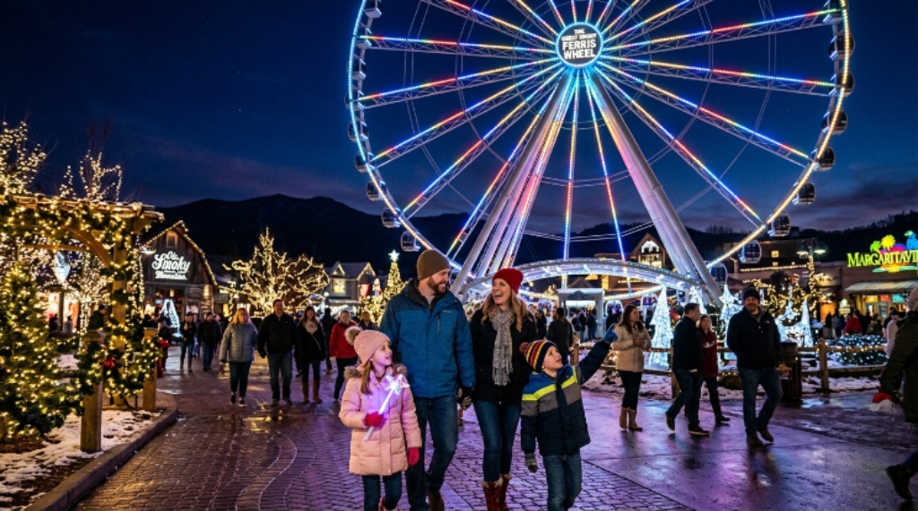 Families enjoying the Great Smoky Mountain Ferris Wheel lit up at night during Pigeon Forge Winterfest