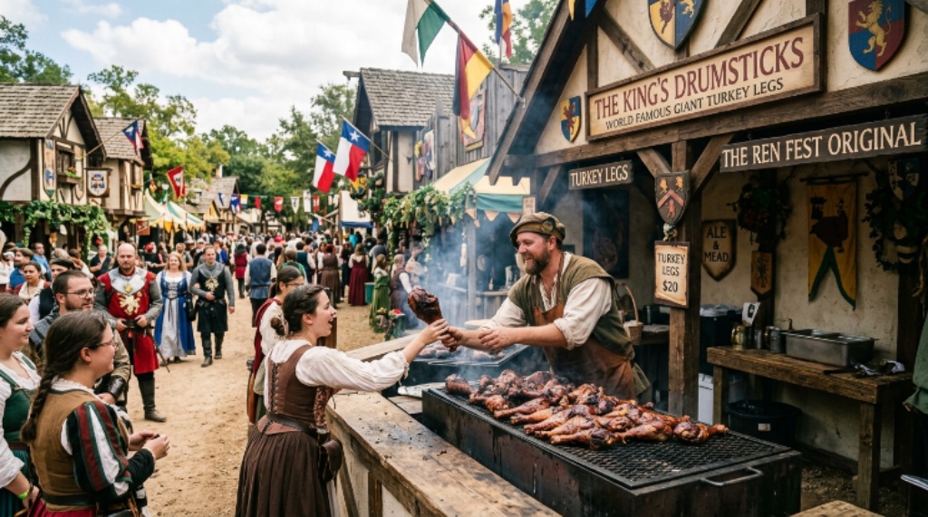 Giant turkey leg food vendor at the Texas Renaissance Festival with medieval-style stalls in background