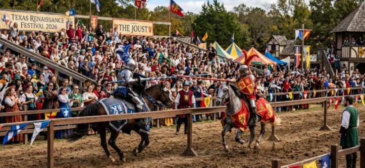 Costumed performers at the Texas Renaissance Festival 2026 jousting tournament in Todd Mission Texas