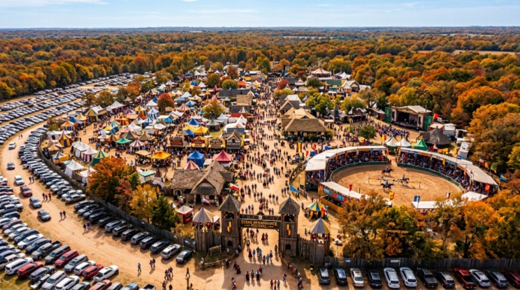 Aerial view of the Texas Renaissance Festival grounds with tents vendors and visitors in fall 2026