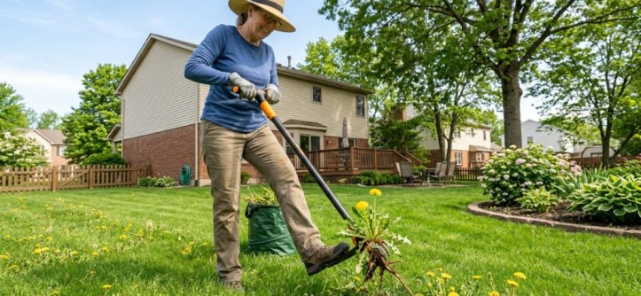 Close-up of hands stepping on a weed puller pedal in soil.