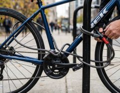 Cyclist securing a bicycle with a heavy-duty U-lock to a metal rack outdoors.