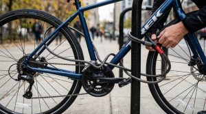 Cyclist securing a bicycle with a heavy-duty U-lock to a metal rack outdoors.
