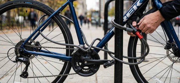 Cyclist securing a bicycle with a heavy-duty U-lock to a metal rack outdoors.