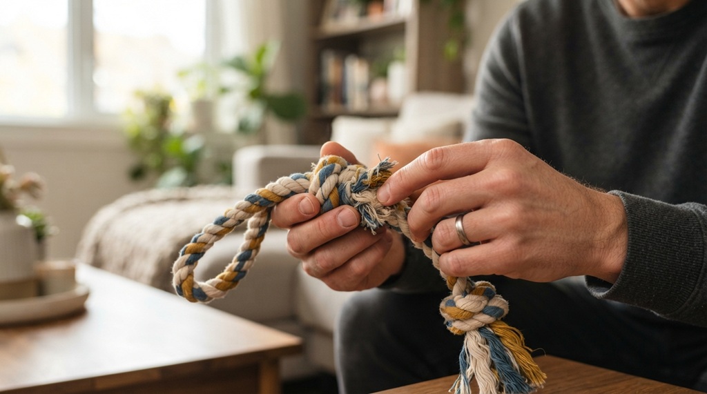 Man inspecting non-toxic material label on eco-friendly dog toy indoors.
