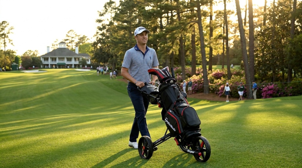 Golfer folding a compact push cart on a pathway.