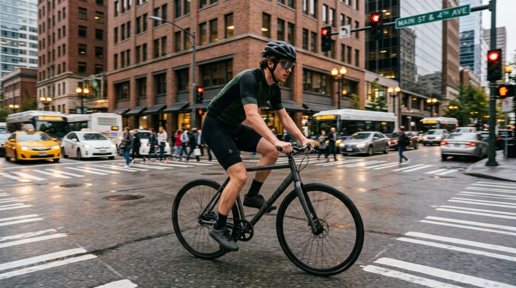 Cyclist riding a city bike equipped with flat BMX pedals.