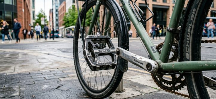 Heavy-duty metal BMX platform pedals installed on an urban commuter bike.