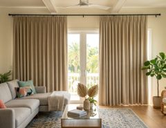 Modern living room in Florida with thick thermal curtains blocking bright sunlight.
