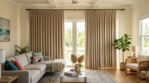 Modern living room in Florida with thick thermal curtains blocking bright sunlight.