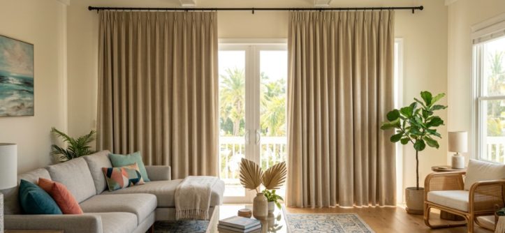 Modern living room in Florida with thick thermal curtains blocking bright sunlight.