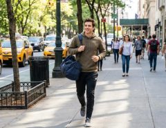 Man walking down urban street carrying lightweight sports bag