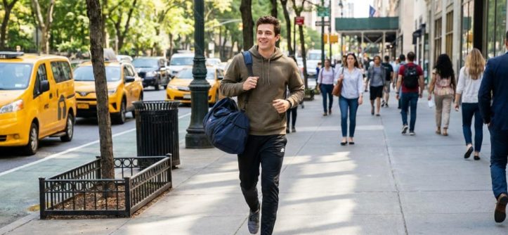 Man walking down urban street carrying lightweight sports bag