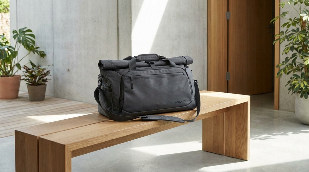 Sleek lightweight sports bag resting on a modern wooden bench