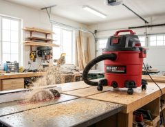 Red shop vacuum cleaning sawdust off a messy workshop floor.