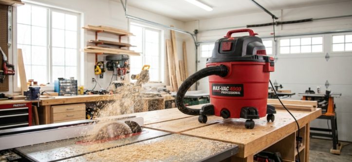 Red shop vacuum cleaning sawdust off a messy workshop floor.