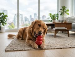 Golden retriever playing with durable rubber toy inside bright city apartment.