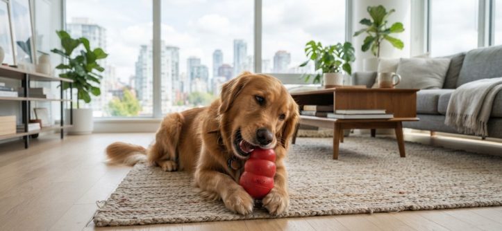 Golden retriever playing with durable rubber toy inside bright city apartment.