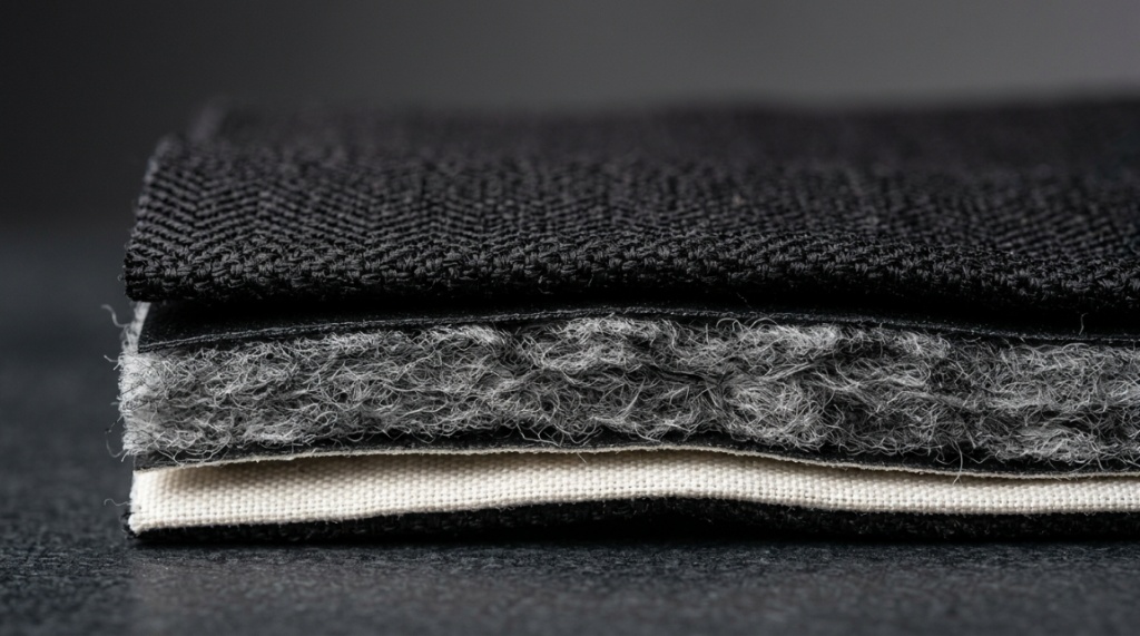 Close-up of multi-layered insulated curtain fabric showing light-blocking weave structure.