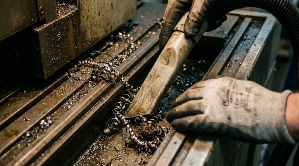 Person using a vacuum crevice tool to clear metal shavings.