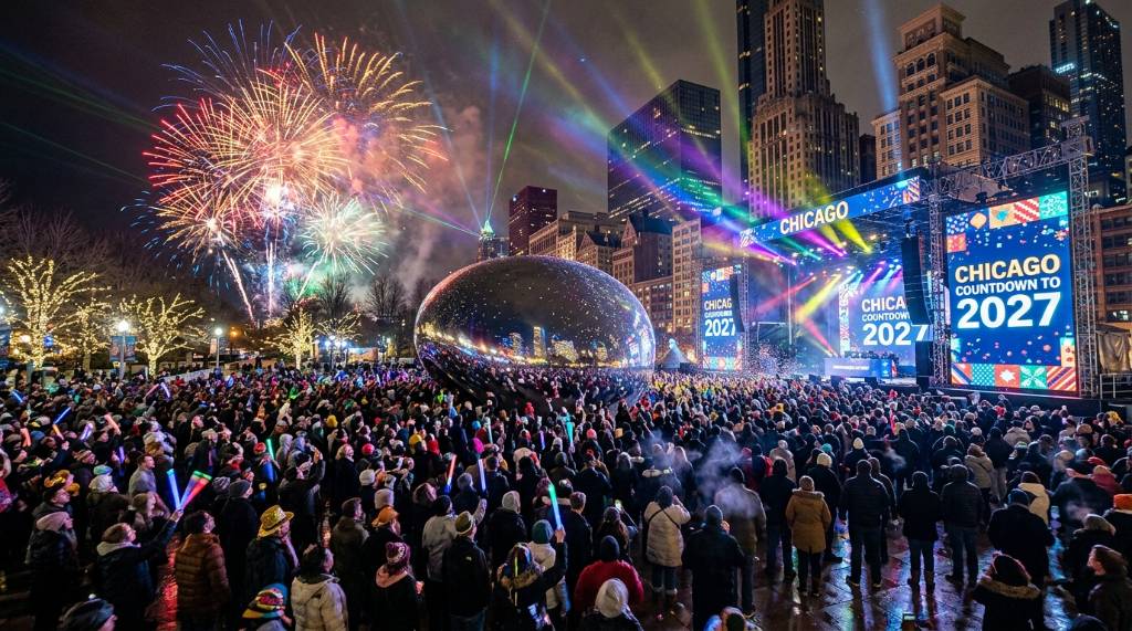Millennium Park Chicago decorated for New Year's Eve countdown to 2027