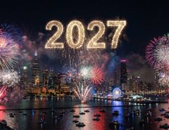 Chicago skyline lit up with fireworks over Lake Michigan on New Year's Eve 2027