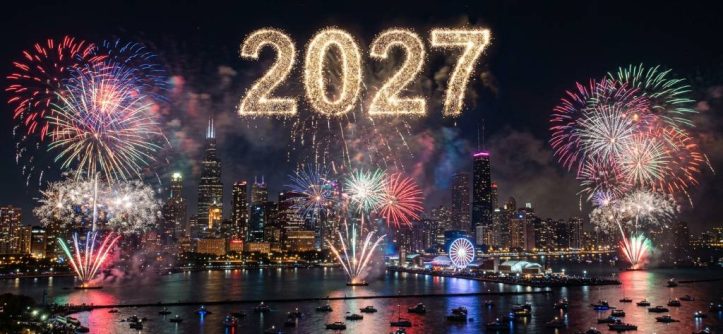Chicago skyline lit up with fireworks over Lake Michigan on New Year's Eve 2027