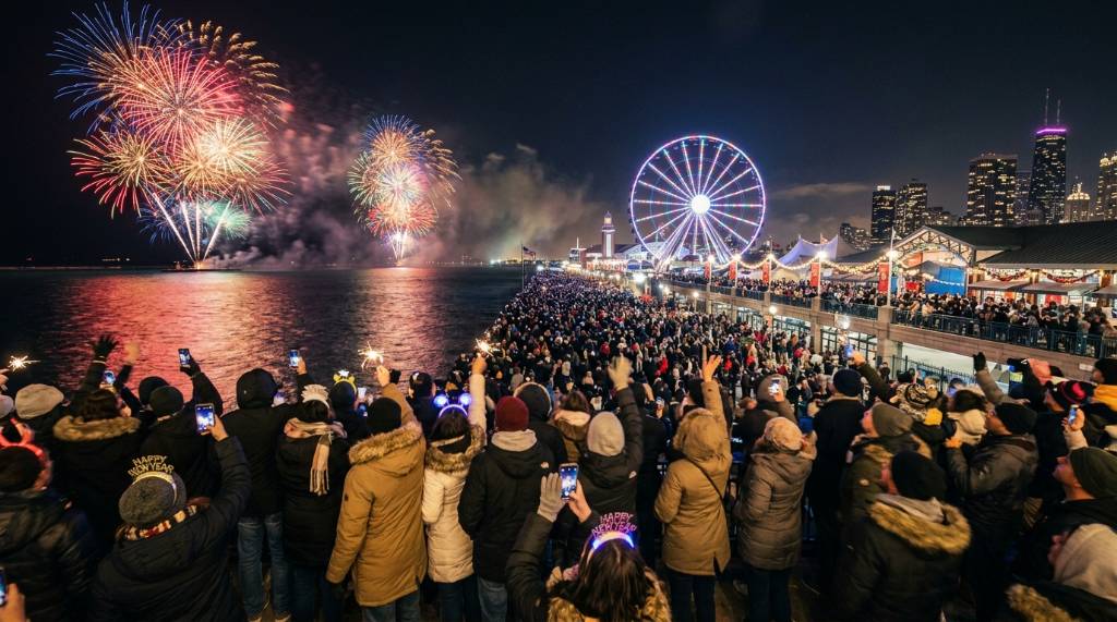 Crowds celebrating New Year's Eve at Navy Pier Chicago with fireworks in the background