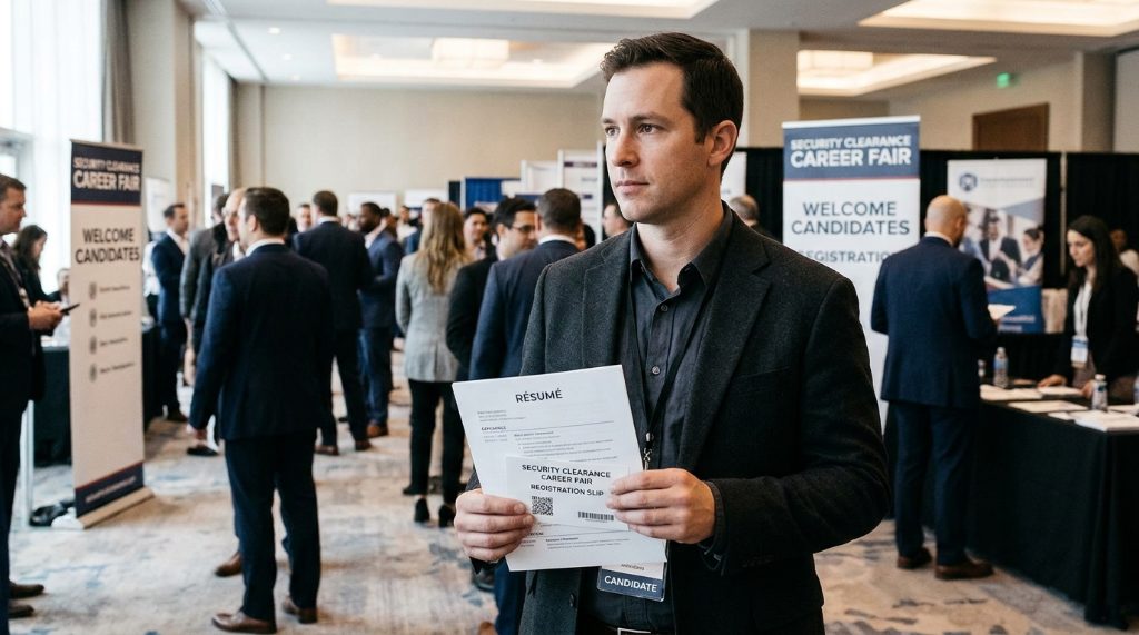 Professional holding a résumé and registration slip at a security clearance hiring event