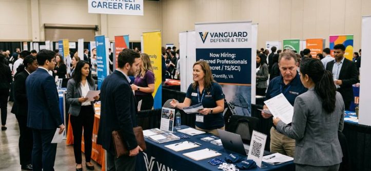Cleared job seekers talking with recruiters at a Chantilly career fair booth